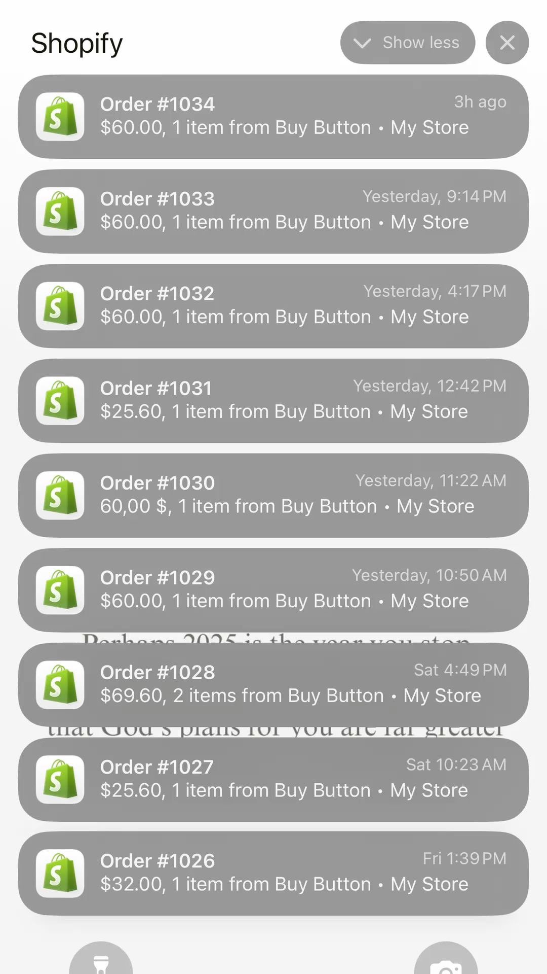 Consecutive live Shopify order notifications from an active client store.