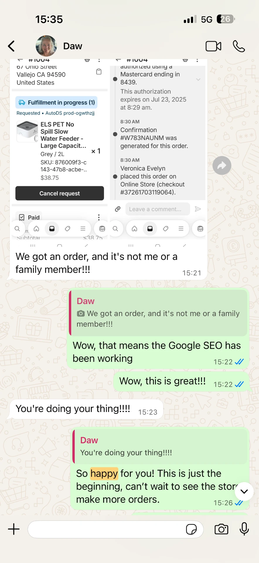 Client confirming an order from a genuine customer, attributed to search visibility work.